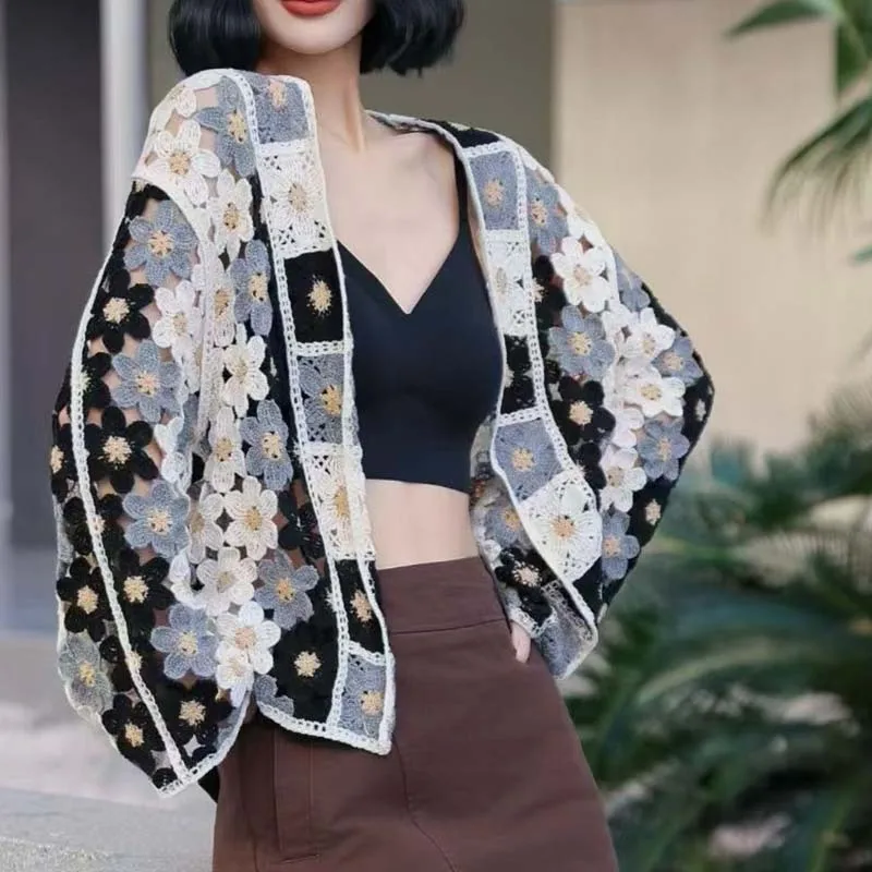 Boring Honey Autumn Winter New Vintage Color Block  Cardigan Luxury Loose Long Sleeve Knit Sweater Slim Fit Single Button Coat W