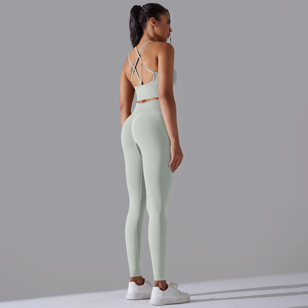 Gebürstetes Yoga-Set für Damen, 2-teilig, Workout, Sportbekleidung, überkreuzter Rücken, Sport-BH, hohe Taille, Leggings, Fitnessstudio, Kleidung, Sportanzüge – Detail 33