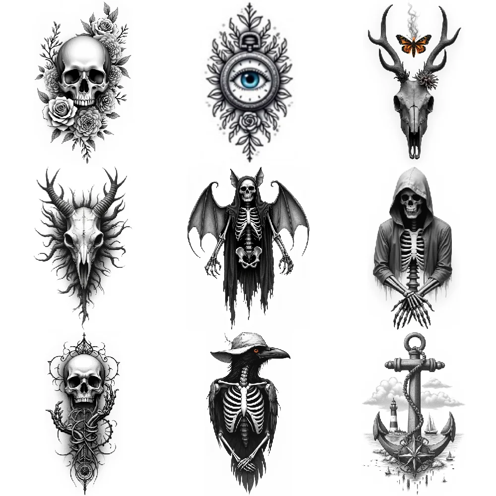 3 stuks tijdelijke tattoo realistische tijdelijke tatoeages skelet met capuchon gotisch skelet met vleugels met nautische scène voor
