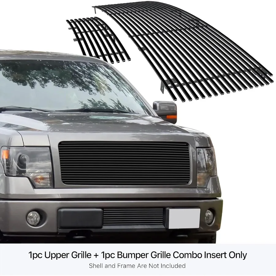 Kompatibel dengan Ford F150 2009-2014 Bumper Utama Atas Bawah Baja Anti Karat Hitam 8x6 Horizontal Billet Grill Depan