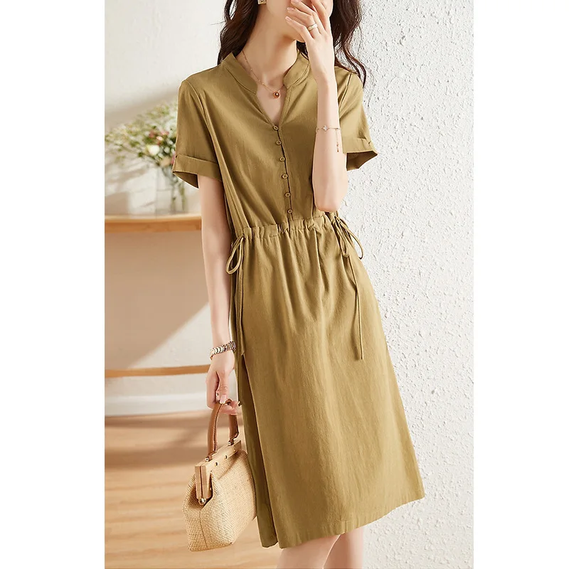 

Women's Monochromatic Stand Collar Pullover Dress, Female Breathable Clothes, Draw String, Casual, New Office Lady, Summer, 2024