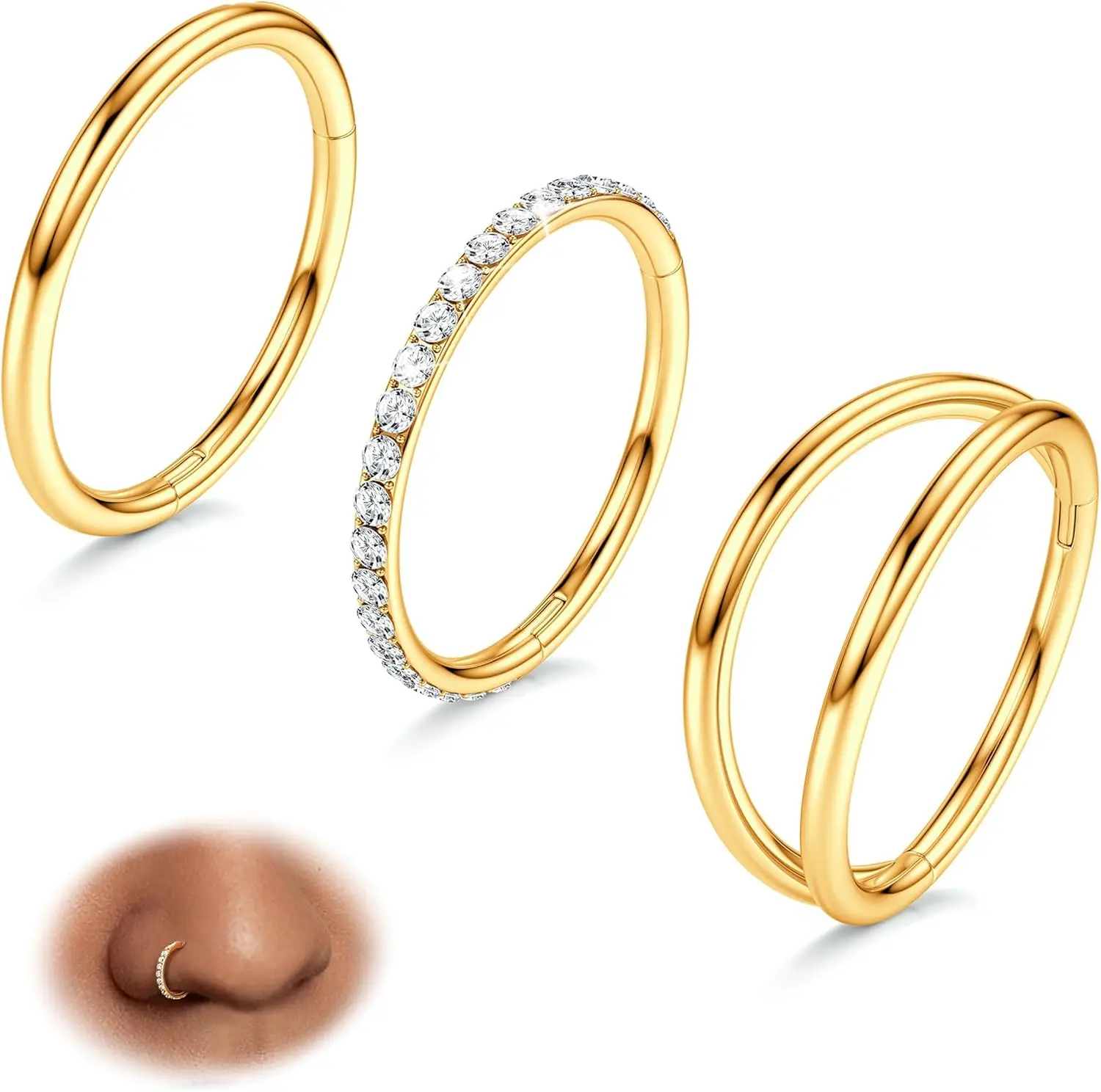 3 Piezas de Anillos para la Nariz - Anillo Doble para la Nariz 14/16/18/20G con Bisagras y Circonitas, Joyería para Piercing, Clicker para Septum