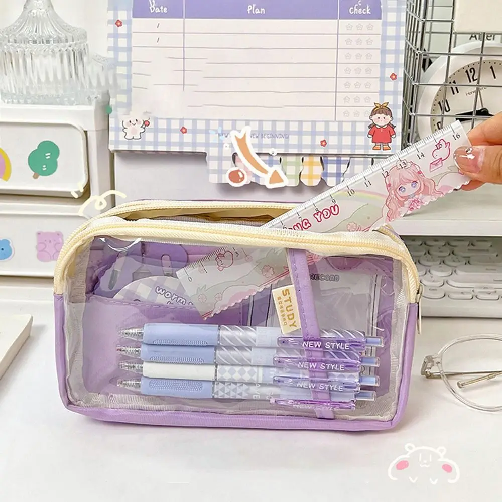 Simple Double-layer Pencil Bag Waterproof Large-capacity Transparent Pencil Bag Multifunctional Candy Color Stationery Bags