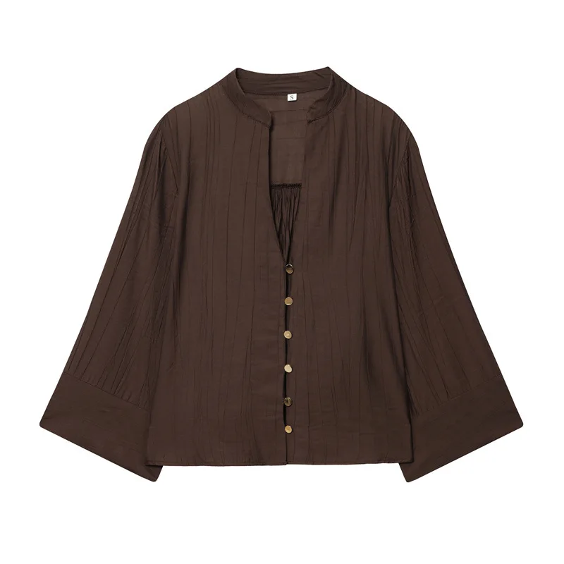 Autumn New Fashionable Simple Loose V-neck Long-sleeved Shirt Elastic Wide-leg Pants Set