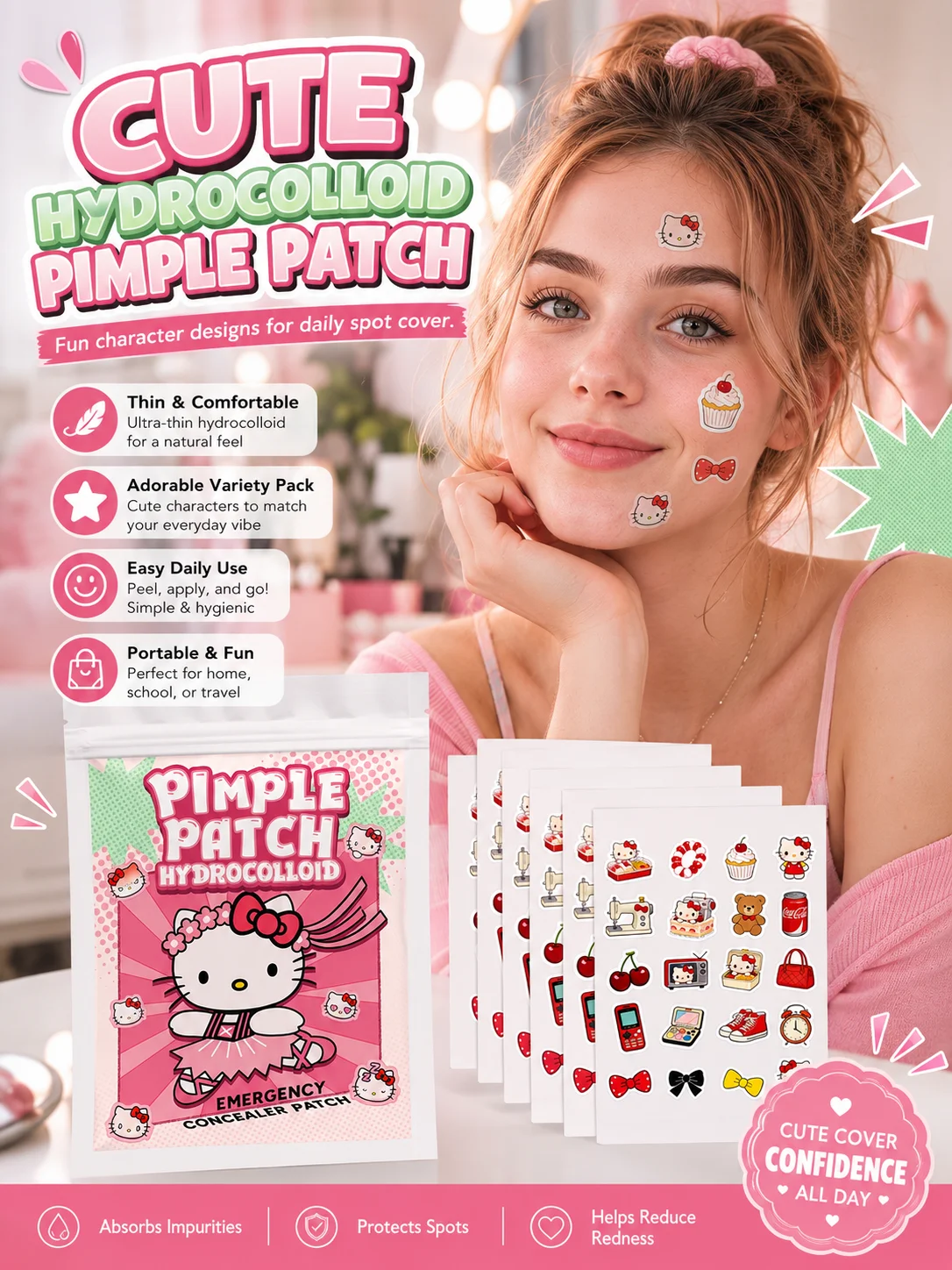 Sanrio x HelloKitty 100/40pcs Super cute pimple stickers, Super cute concealing pimple stickers, suitabl