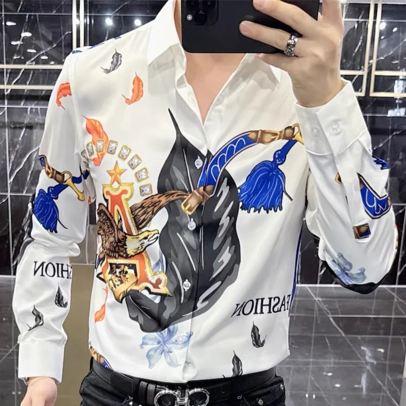 

Animal Eagle Shirt Camiseta Masculina Fall Shirts For Men Social Club Outfits High Quality Fashion Hot Diamond Print Shirt Men