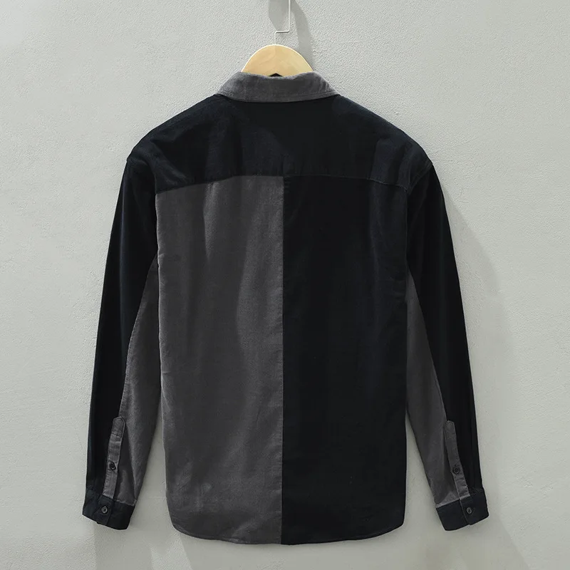 

1339 High Quality Men Corduroy Shirts Loose Color Patchwork Lapel Casual Classic Vintage Japan Style Fashion Urban Clothing Tops