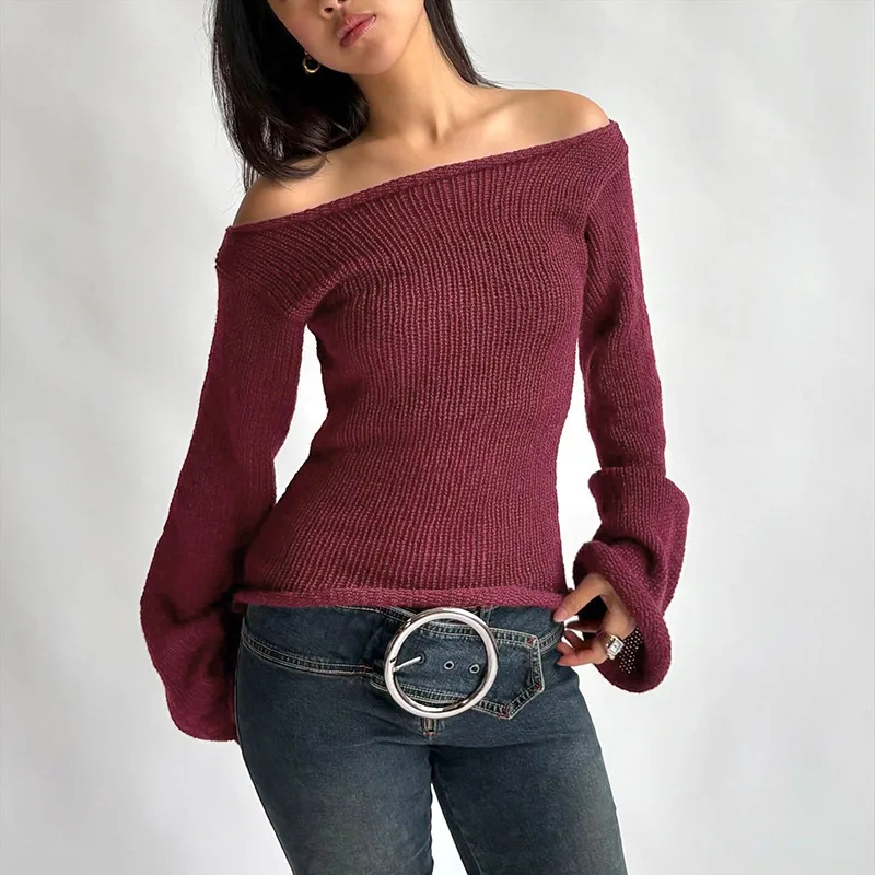 

BKLD Autumn New Women Clothing Solid Color Off The Shoulder Curled Edge Loose Knitted Tops Fashion Streetwear Long Sleeve Tops