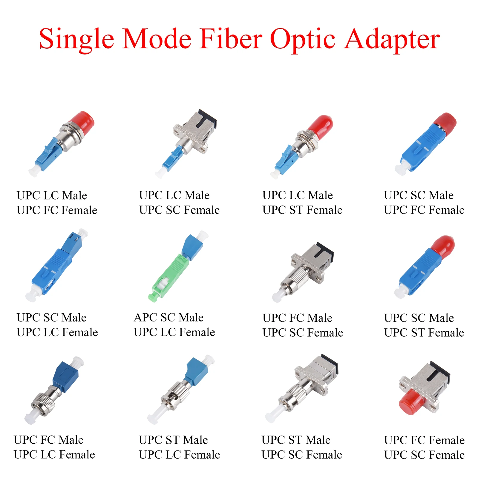 Konektor Hybrid konverter mode tunggal, 10 buah serat optik APC/UPC FC/LC/SC/ST pria/wanita ke UPC LC/SC/FC/ST Female Adapter