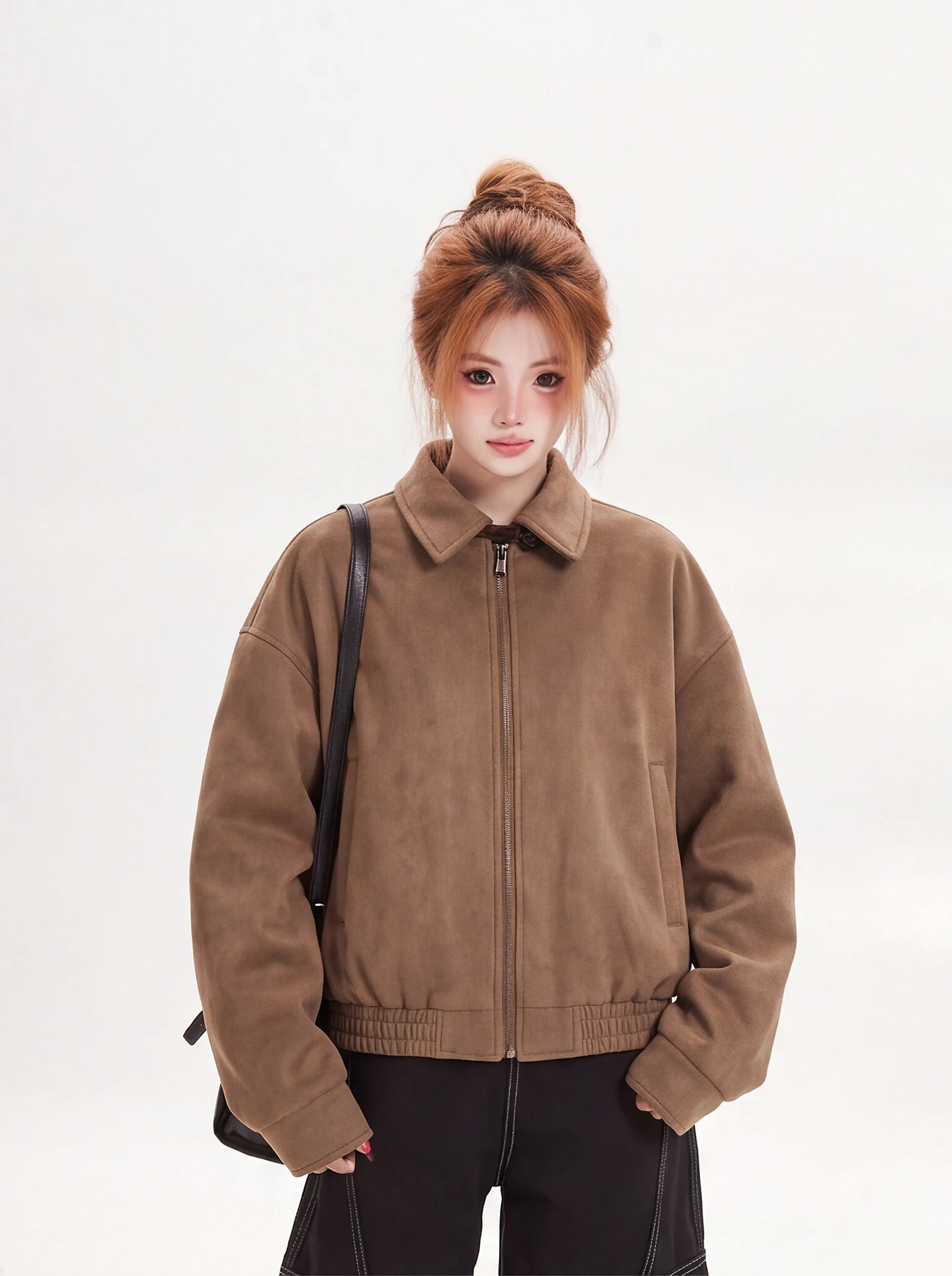 Ant Vintage Casual Short Jacket Women's Loose Fit Autumn Fashionable Collarless Coat Warm Polyester Nylon Fabric Side Zipper