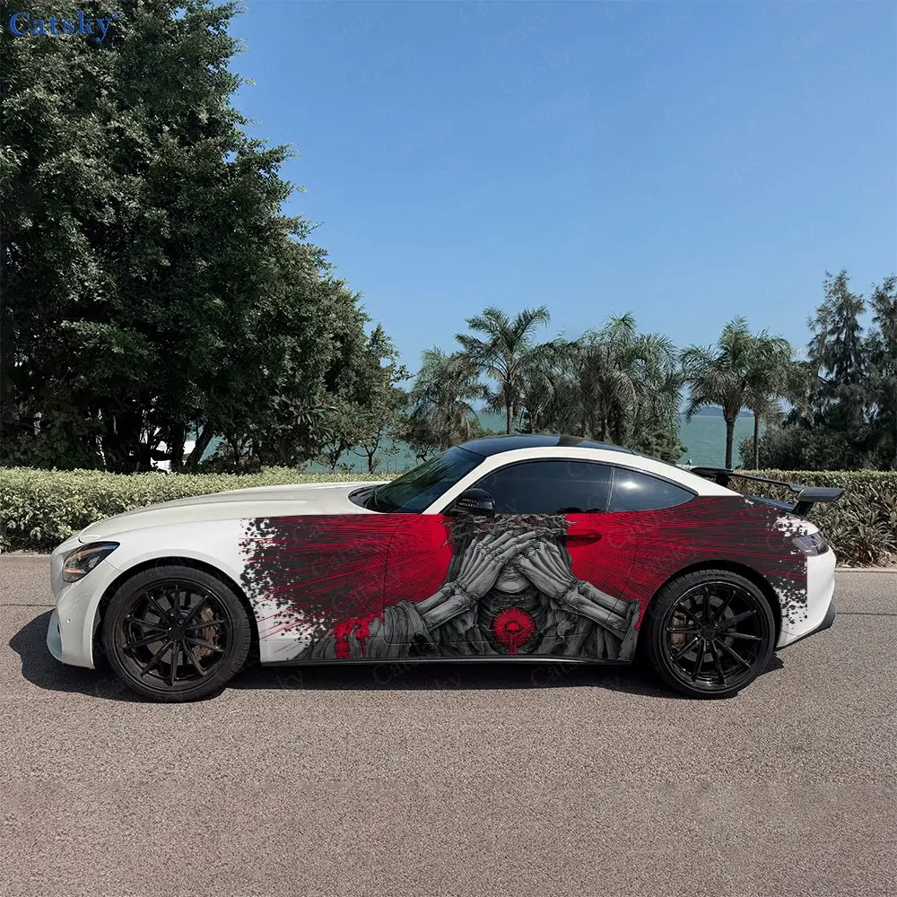 2pcs Praying Skeleton Blood Chain Car Side Wraps, Self-Adhesive PVC Waterproof & Scratch-Resistant Stickers, Car Accessory Gift