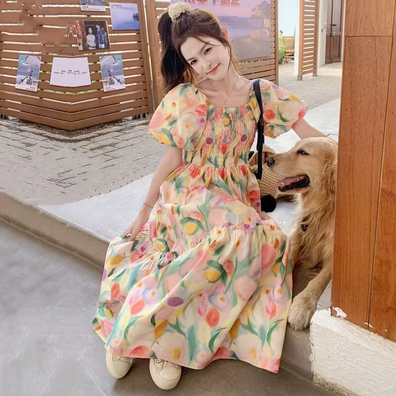 Vestido floral chique com estampa a-line feminino, um ombro, elegante, babados, feriado, roupa coreana, nova moda, C463