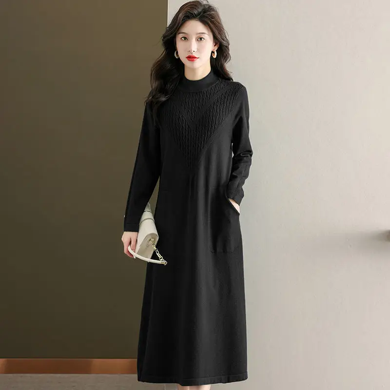 Oversize Women Knitting Dresses Long Sweater For Autumn Winter Fashion Bubble Grid Patchwork Pullover Warm Female Dress 2023 New