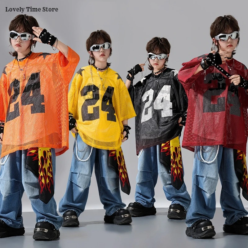 Boys K-pop Hollow Out T-shirt Denim Pants Girls Street Dance Loose Jeans Kids Hip Hop Streetwear Child Jazz Costume Clothes Sets
