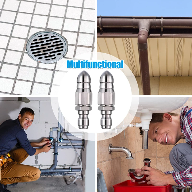 Powerful Sewer pipe unblocking Stainless Steel High-pressure nozzle Quick-connect 1/4 Pipe cleaning Rotating Unblocking Nozzle