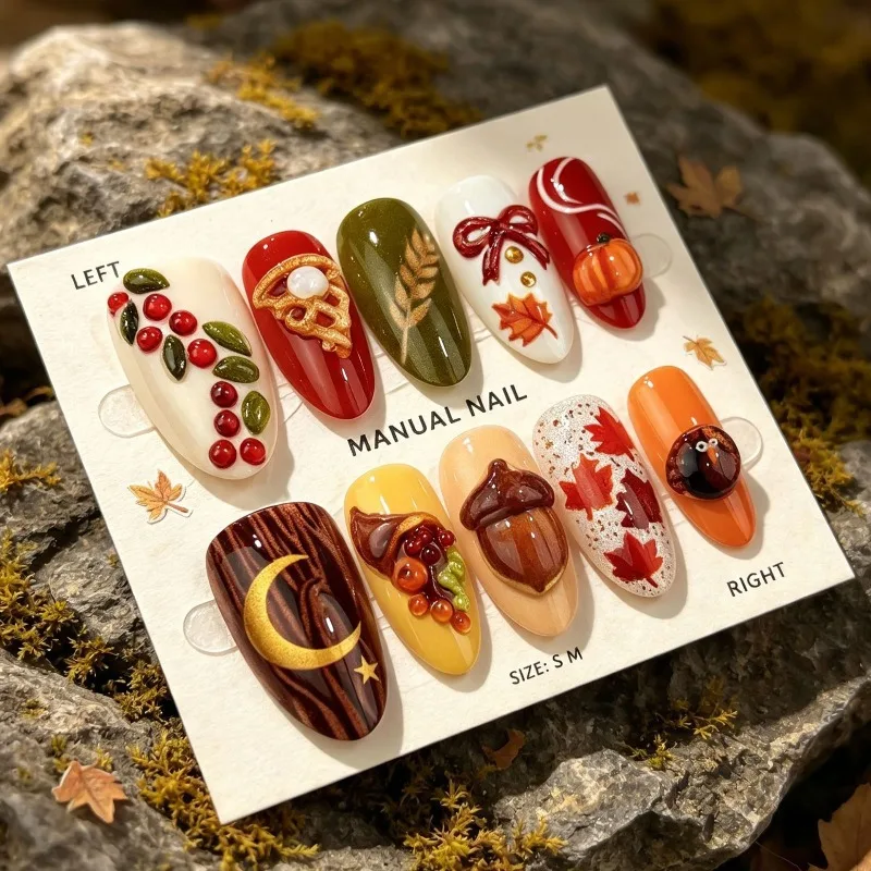 30Pcs Press-On Nails for Fall and Thanksgiving Turkey Pumpkin and Maple Leaf Designs—Perfect for Girls' Everyday Wear