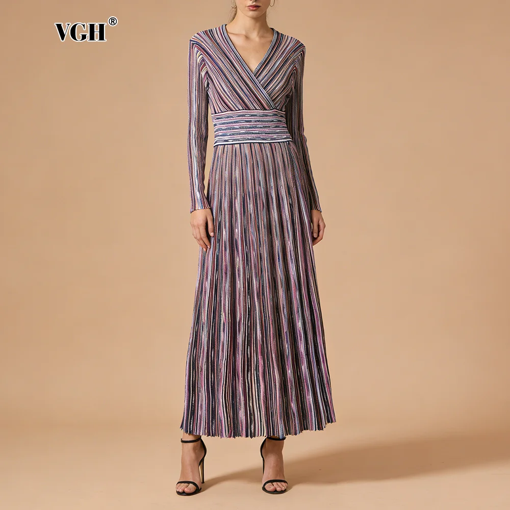 VGH Casual Commute Striped Knit Dresses for Women V Neck Slimming Long Sleeve Colorful Pattern Flowy Silhouette for Social Event