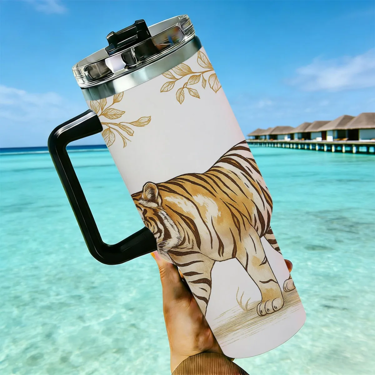 40oz Golden Rose Tiger Print Stainless Steel Tumbler With Handle Straw Lid 24 Hours Cold Insulated Travel Cup