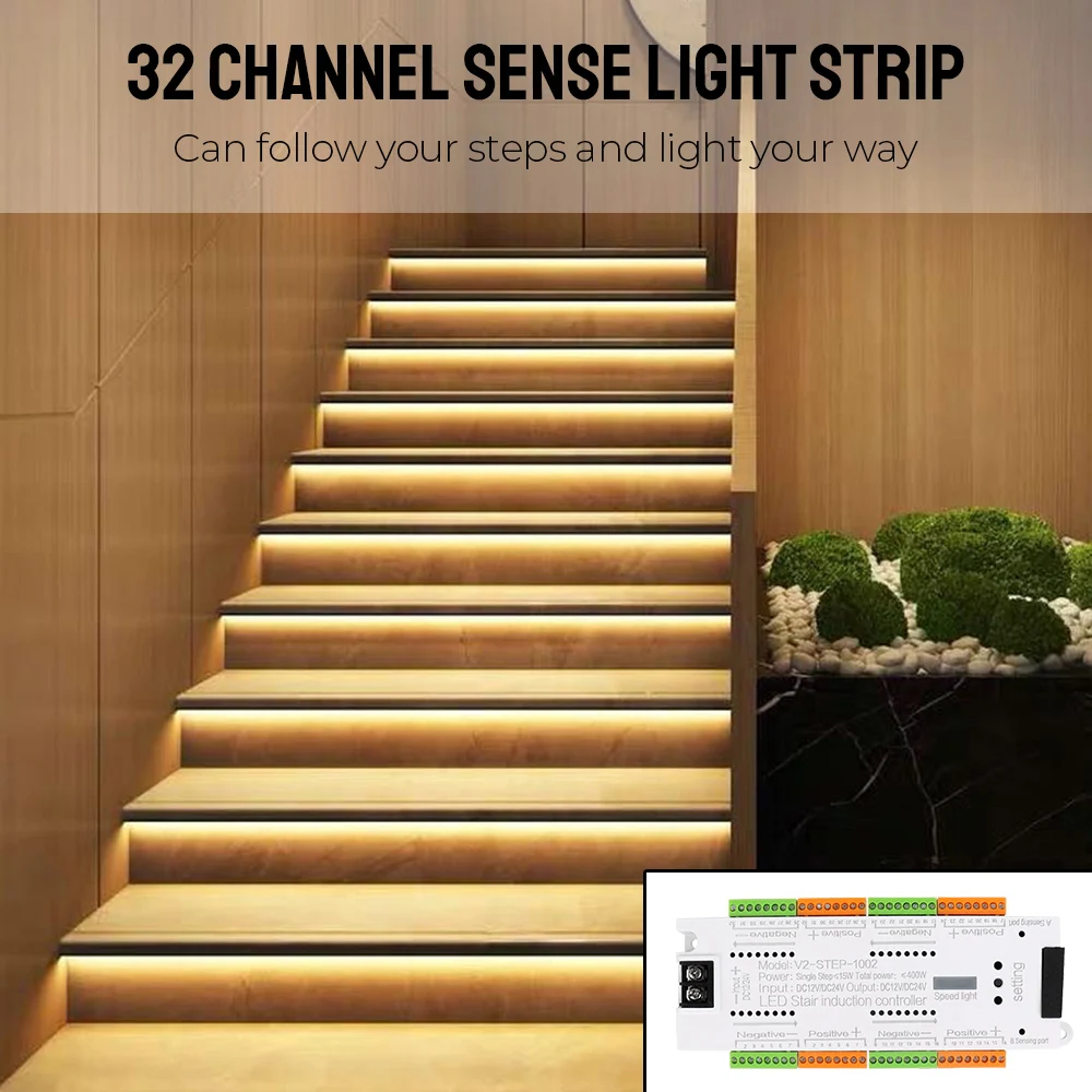 Stair Light Controller Kit Automatic Stairway Lighting Indoor DC 12V 24V For Stairs Flexible Strip LED Motion Sensor 32 Channels