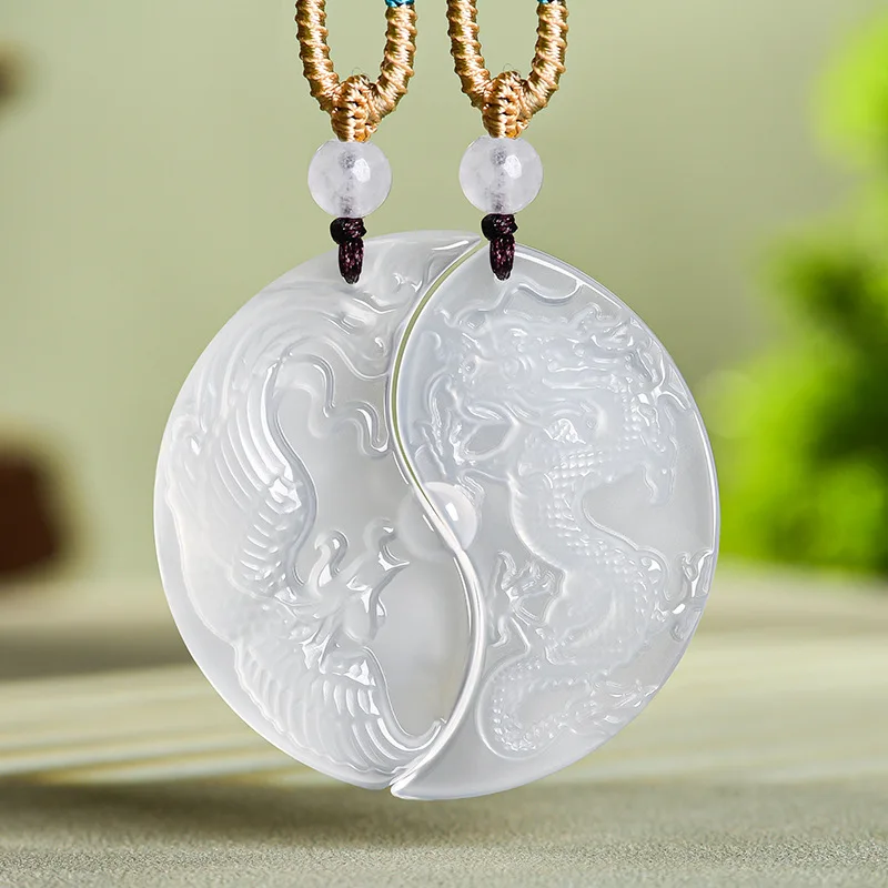 Natural Jade Marrow White Agate Dragon & Phoenix Pendant Pair Hollow Design Ice Seed White Moonlight Couple Jewelry Drop Ship