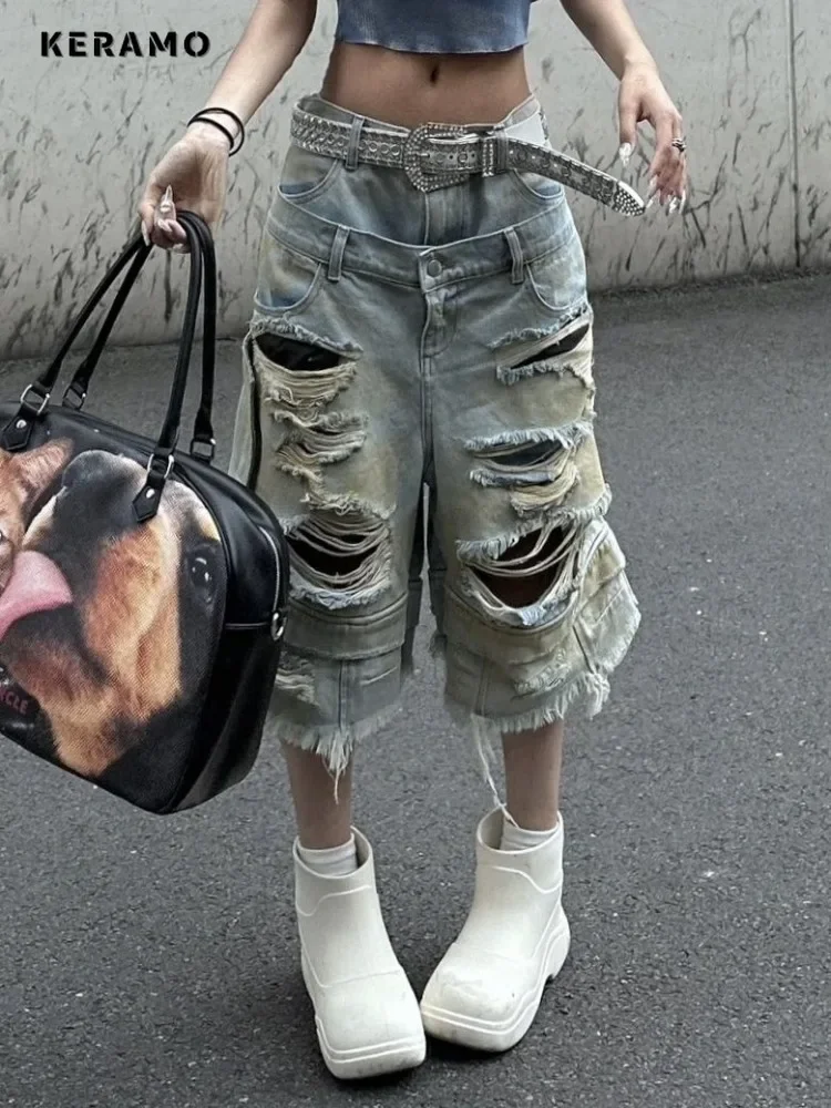 

2024 Summer Women's Harajuku Casual Jeans Vintage Ripped Loose Washed Shorts Y2K Wide Leg Tassels Punk Baggy Denim Shorts