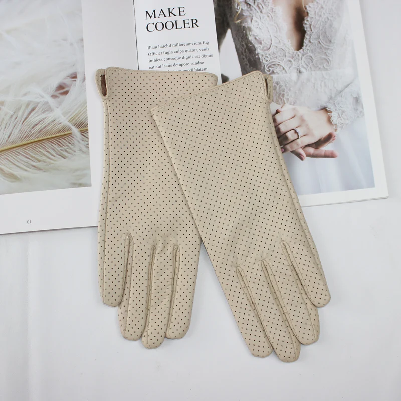 New Women's Sheepskin Gloves Fashion Full Mesh Design Cool Breathable Silk Lining Leather Driving Gloves