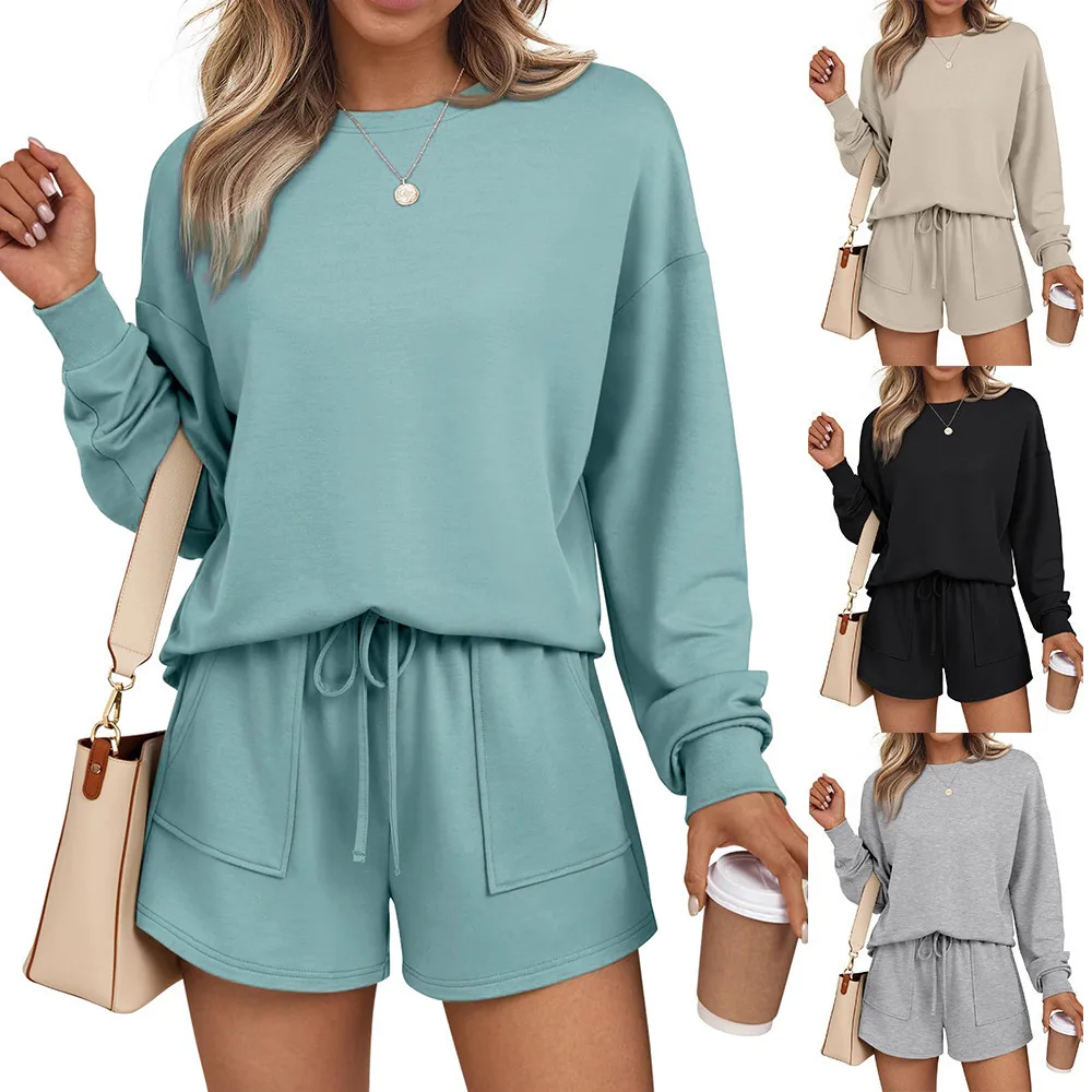 Pant Set Women Two Piece Sets Jogger Tracksuit Round Neck Full Sleeve Tops Short Pants Elastic Waist Y2k Streetwear Elegant 2026