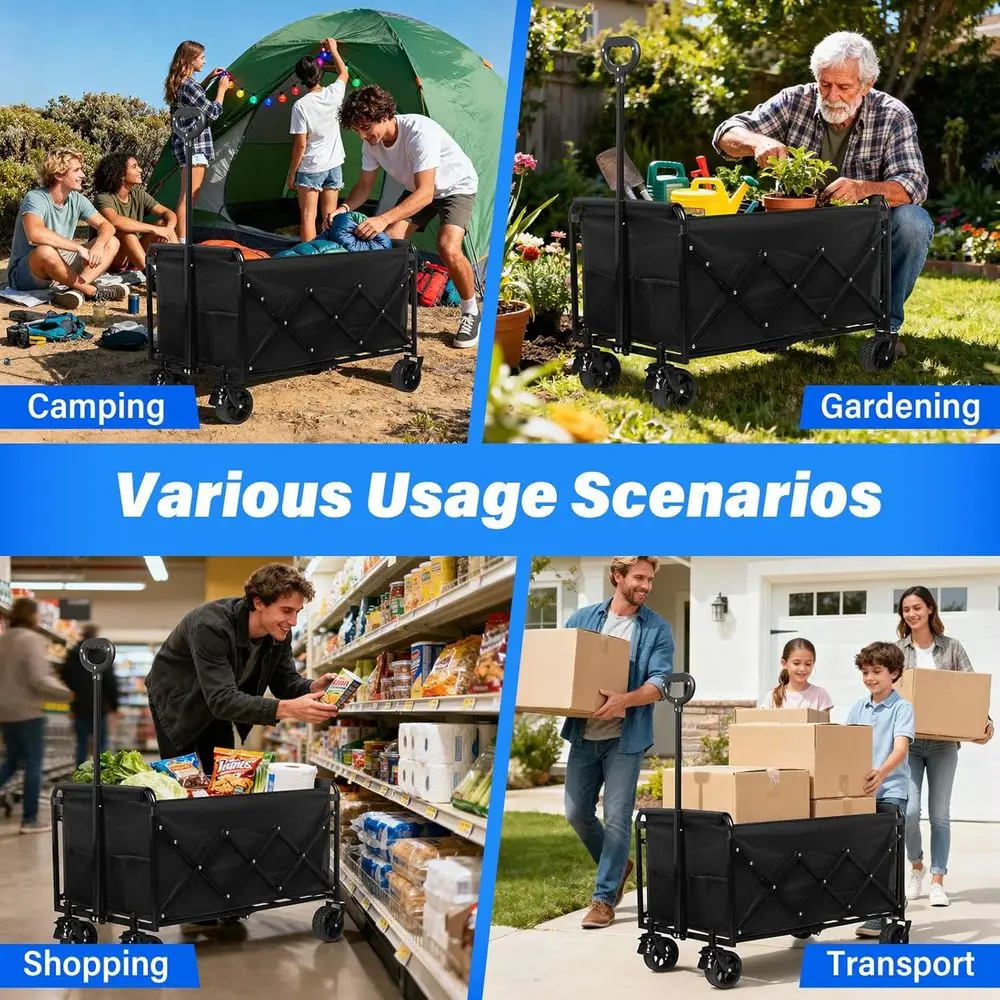 Wagon utilitaire pliable d'une capacité de 500 lb, poignée réglable et porte-boissons pour le camping, le shopping, le sport et plus encore