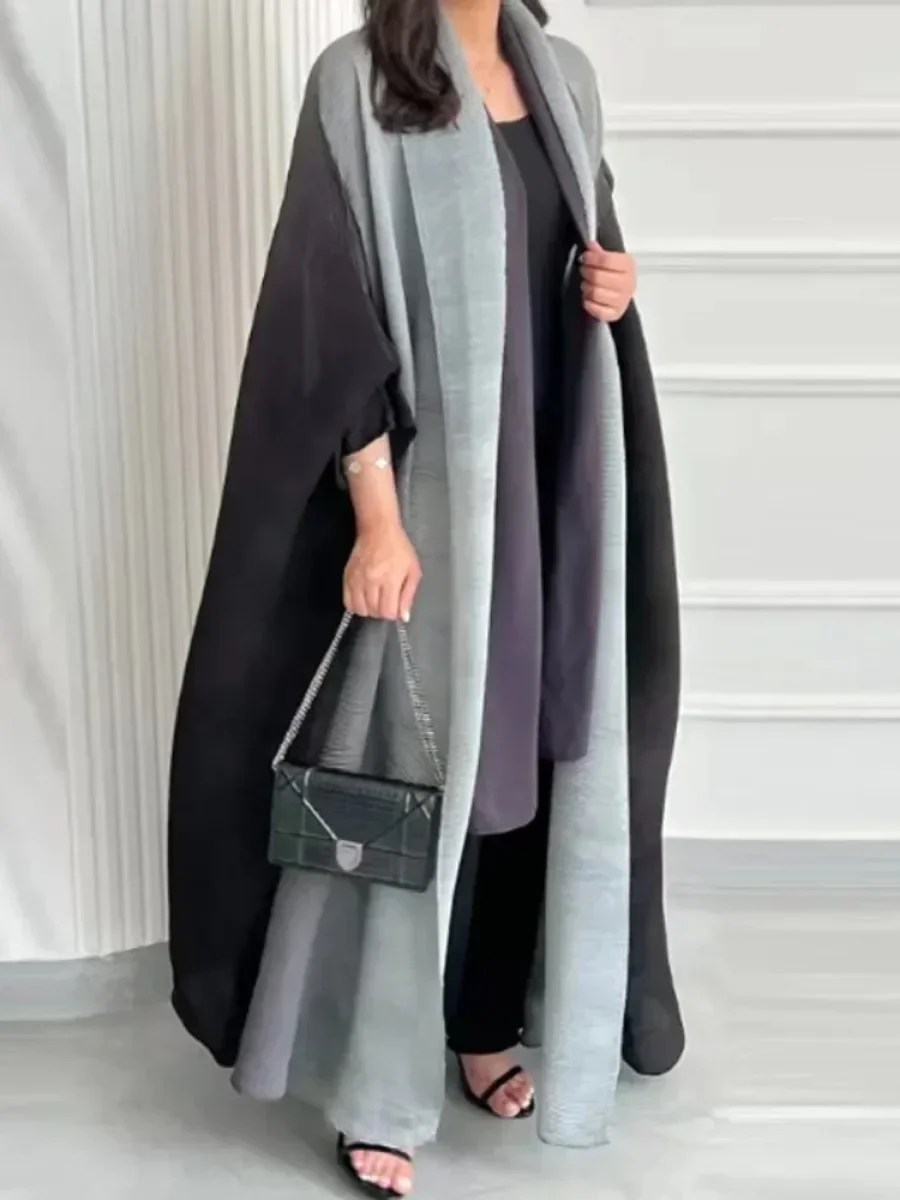 Muslim Abaya for Women Bat Sleeve Pleated Gradient Cardigan Trench Coat 2023 Autumn Dubai Abayas Plus Size Women\'s Luxury Coat