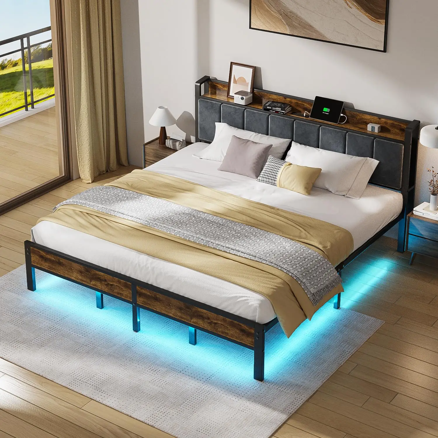 King Bed Frame LED Upholstered Headboard Storage Charging Station Metal Platform Slats No Box Spring Easy Assembly, Customized