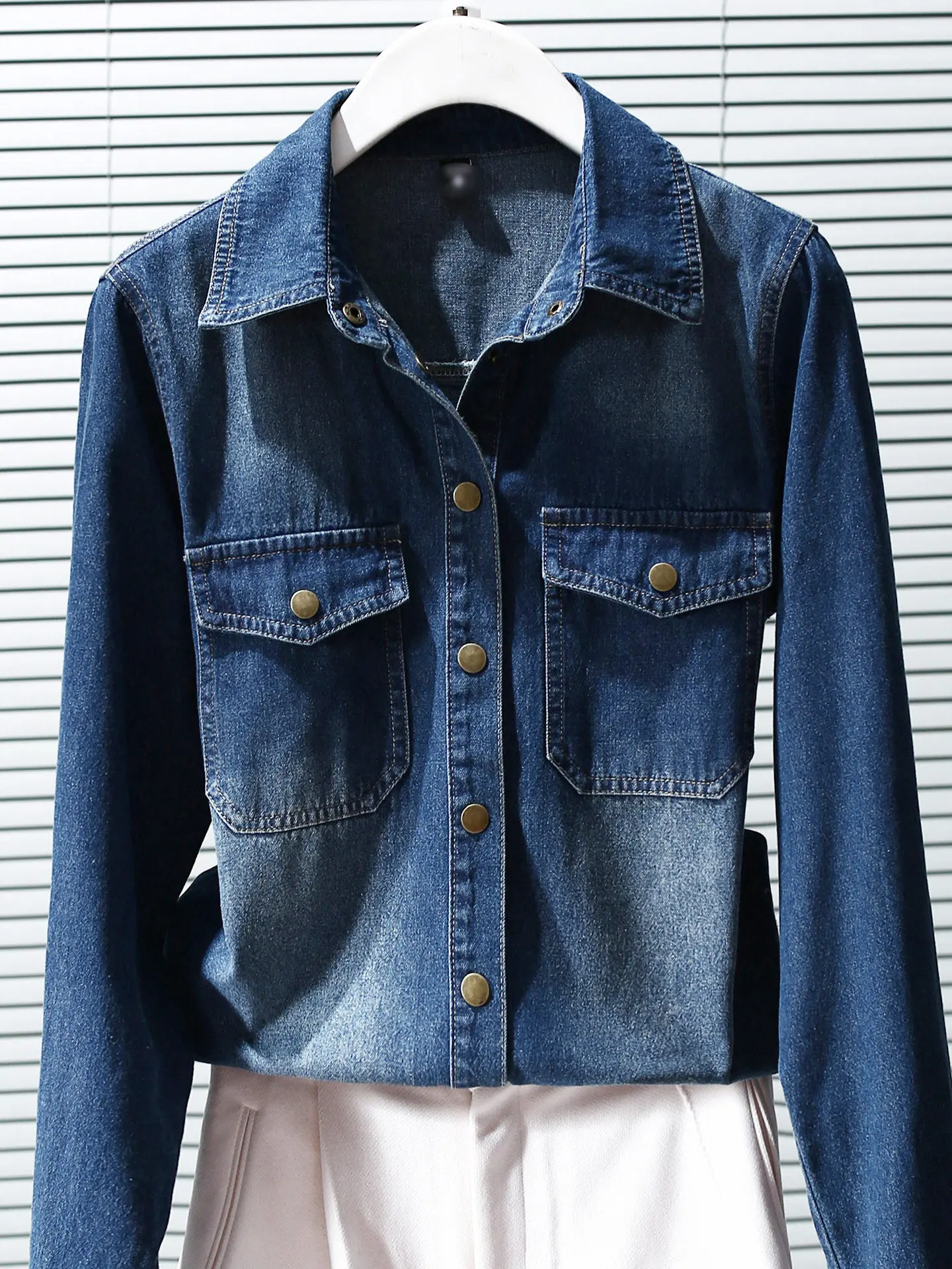 Retro Denim Shirt Women's Early Autumn Style Small Size Outerwear Layering Shirt Shoulder Width Regular Long Sleeve Collar