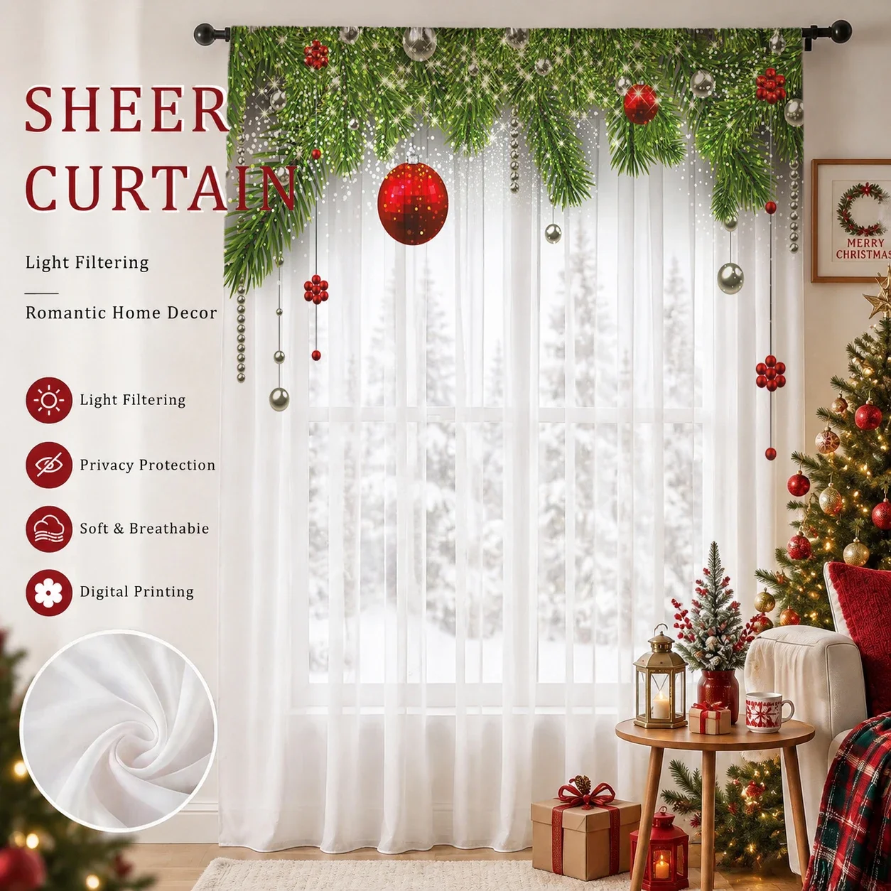 Christmas Gradient Sheer Curtain, Good Quality Light Reducing Privacy Voile for Living/Bedroom/Kids Room,Christmas's Day Gift