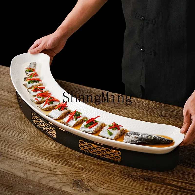 

CLLminimalist long eel plate, hammerhead hairtail plate, large curved seafood fish plate, thermal insulation and heating