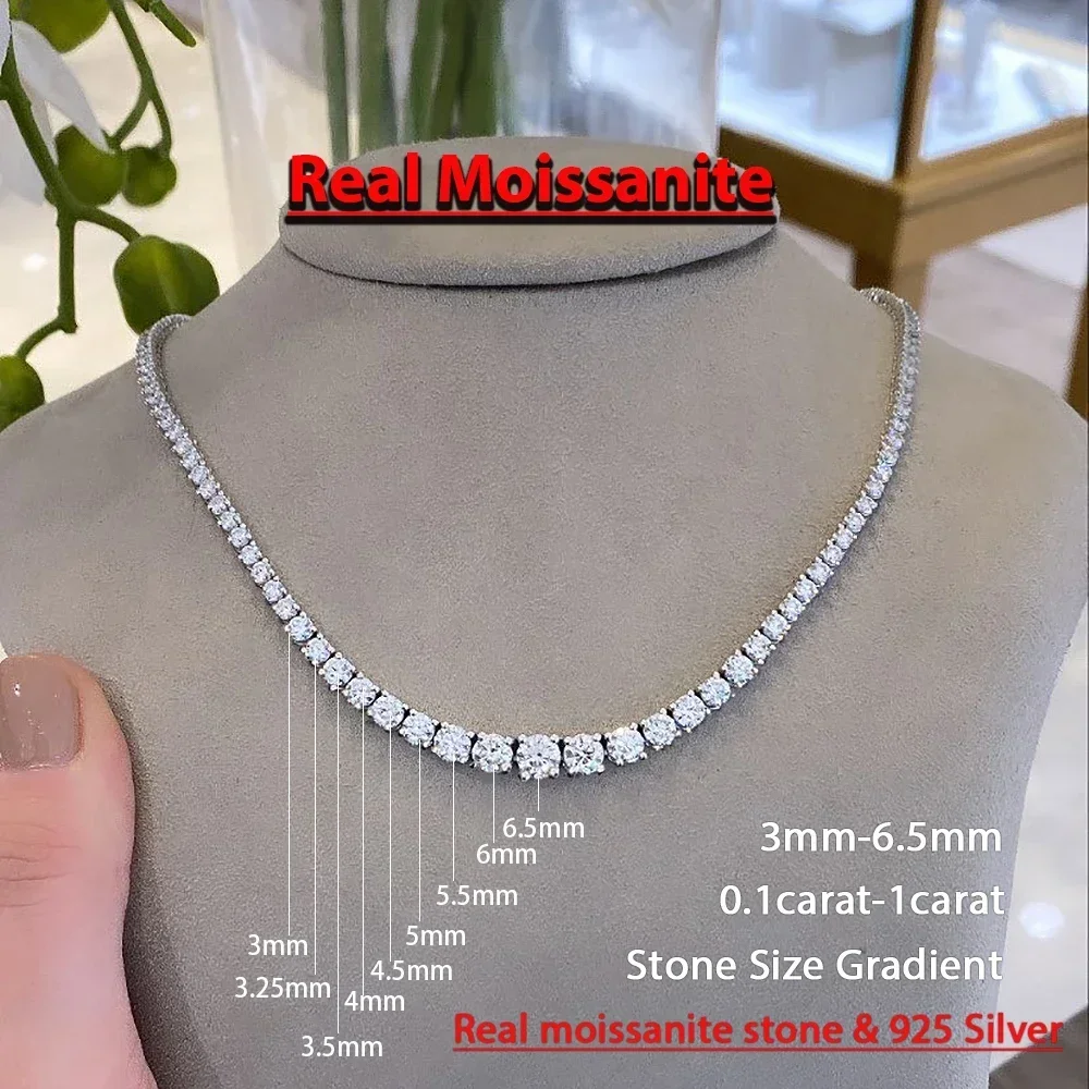 Moissanite diamanten tennisketting met certificaat 3-5 mm maat gradiënt diamanten Riviera ketting S925 zilveren choker voor dames - afbeelding 1