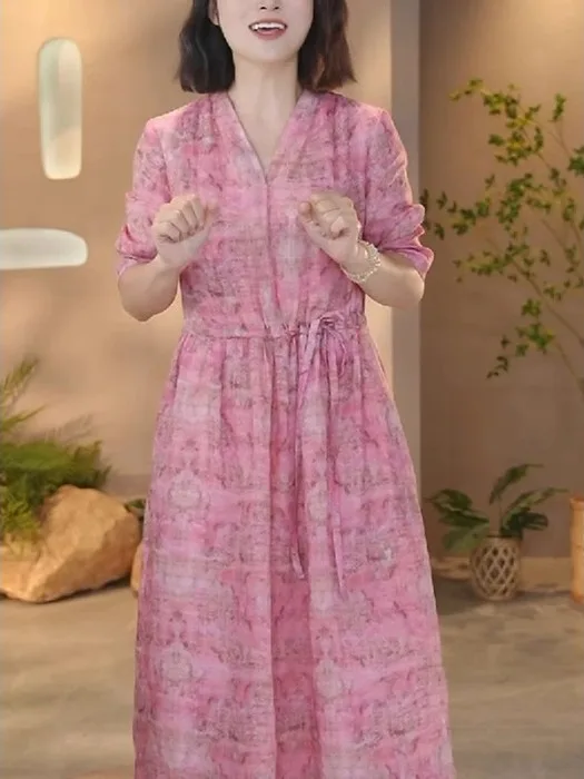 Efecto adelgazante algodón Lino V-Ne Tie cintura suelta talla grande irt Dr coreano Sle cintura ajustable A-Line falda