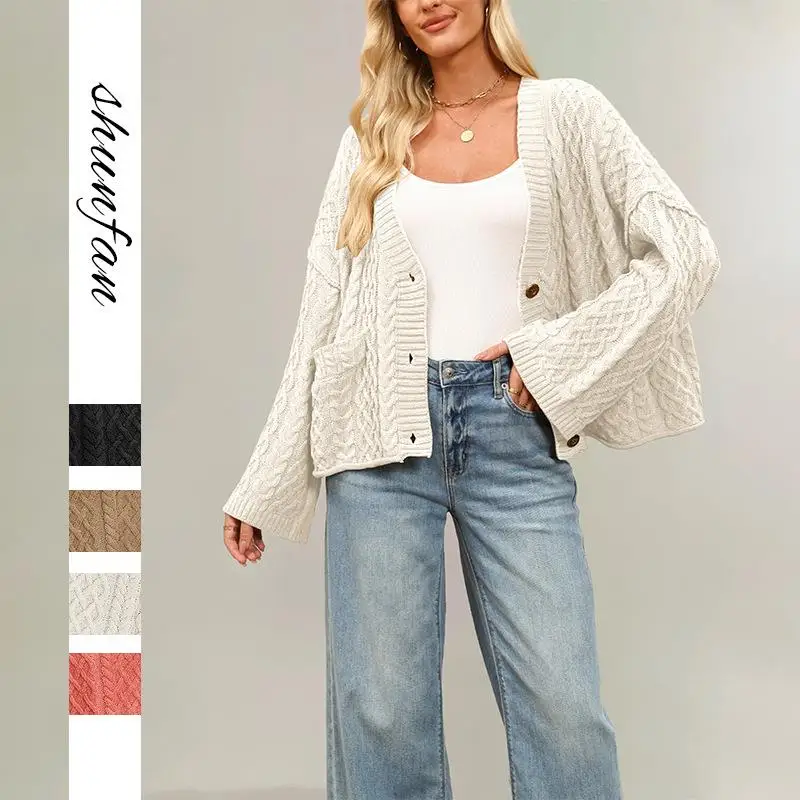 

2025 New Autumn Winter Women's Knitted Open Cardigan Loose Pure Color Twist Outerwear Cross-Border Long Sve Thiened PU