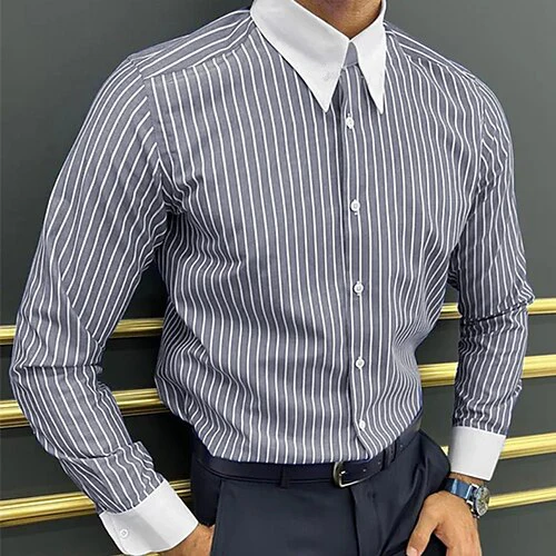 Business Striped Tight Fitting Shirt Long Sleeved Quick Drying Breathable Gym Sports T-Shirt Comfortable Home Shirt MB12