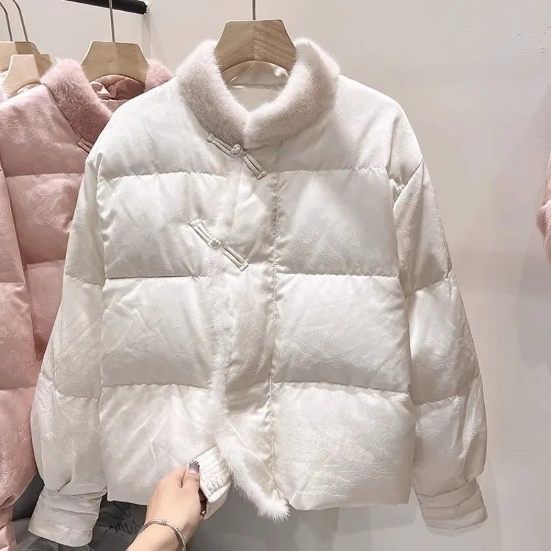 冬ファッション 暖かい ホワイトダックダウンライナー ミンクダウン スプライシング ダウンジャケット 気質 セレブリティ 新中華風ジャケット