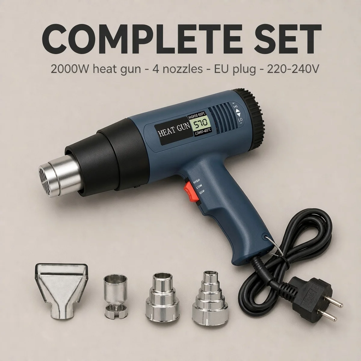 2000W, 220V, 온도 조절 기능이 있는 휴대용 전기 열풍기. 페인트 제거 및 PVC 수축 작업에 적합.