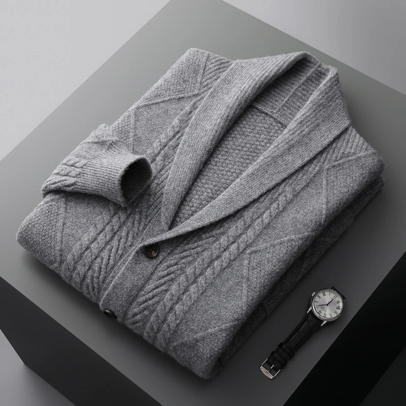 Winter New 100% Pure wool Cashmere Cardigan Men\'s Lapel Coat High-End Sweaters Loose Business Thicken Tops Knit Jacket