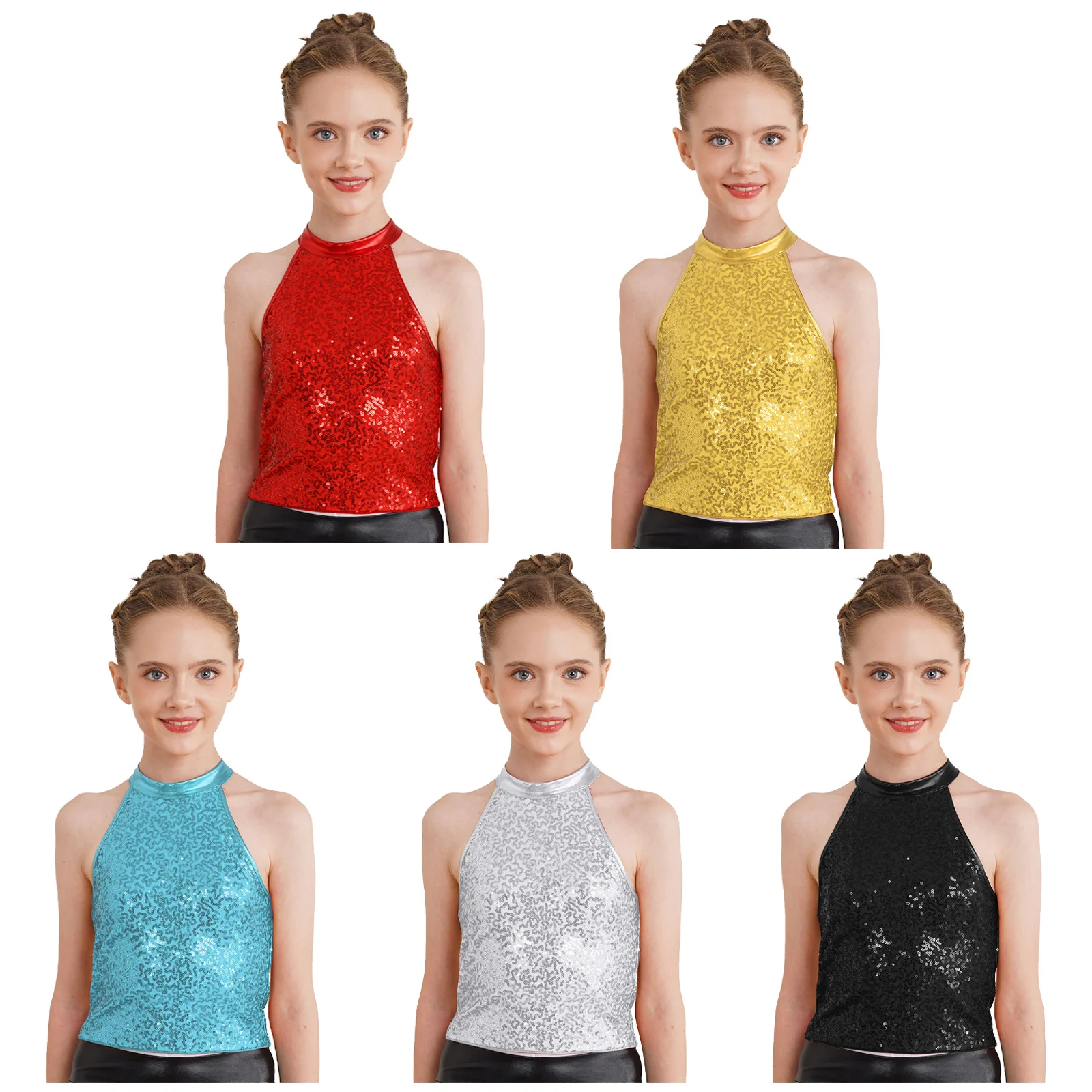 Kids Girls paillettes Halter Crop Top Shiny Cheerleading Jazz Top da ballo latino senza maniche gilet senza schienale per spettacoli teatrali