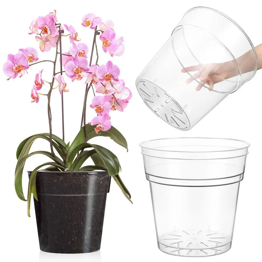 

Набор из 3 пластиковых горшков для орхидей, очень большие контейнеры для рассады с отверстиями для растений, прозрачные, 9,8 дюйма