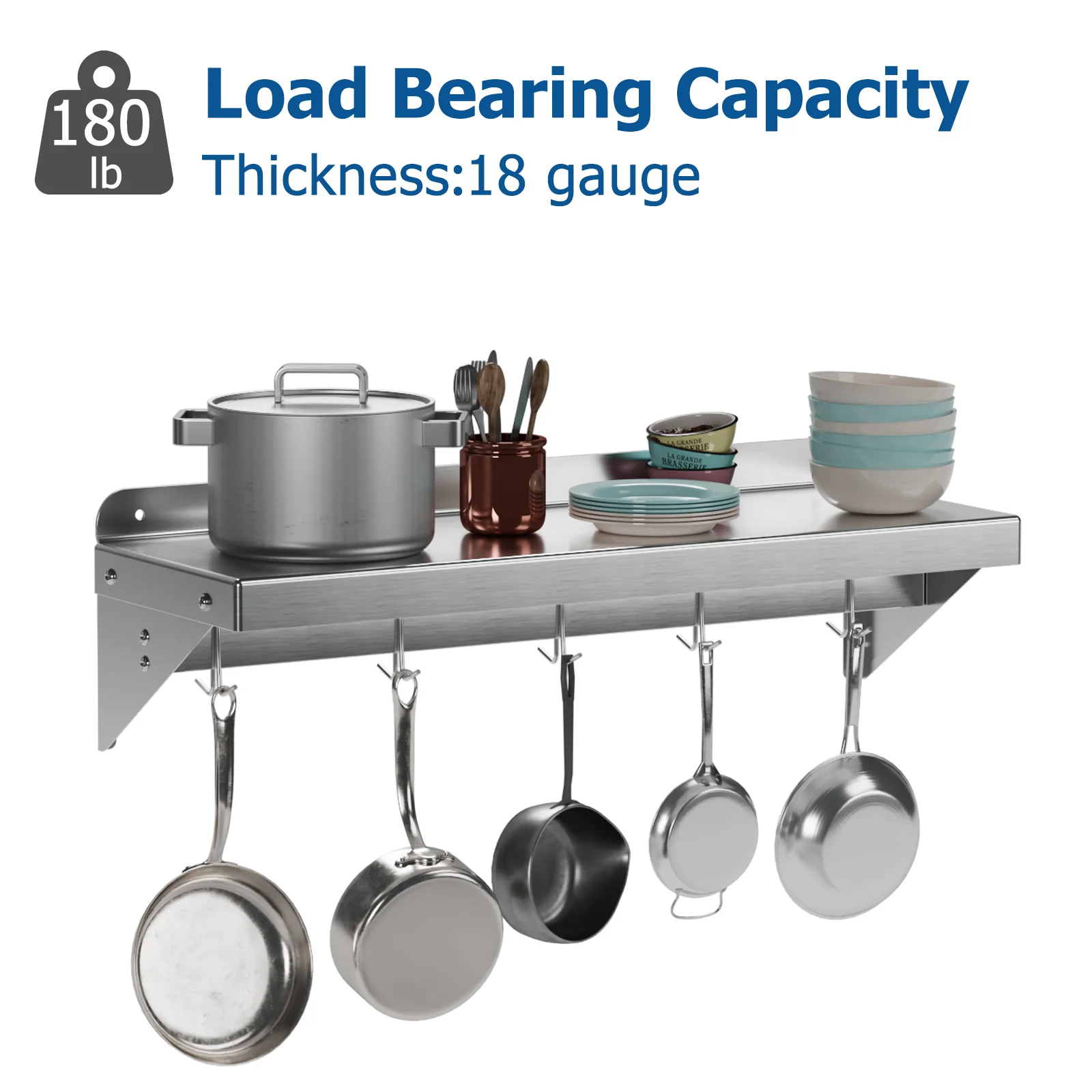 

Storage Rack With Backplash For Kitchen,12" X 24" Stainless Steel Wall Mount Shelf With 5 Hooks For Hanging Pots, Pans,Cookware