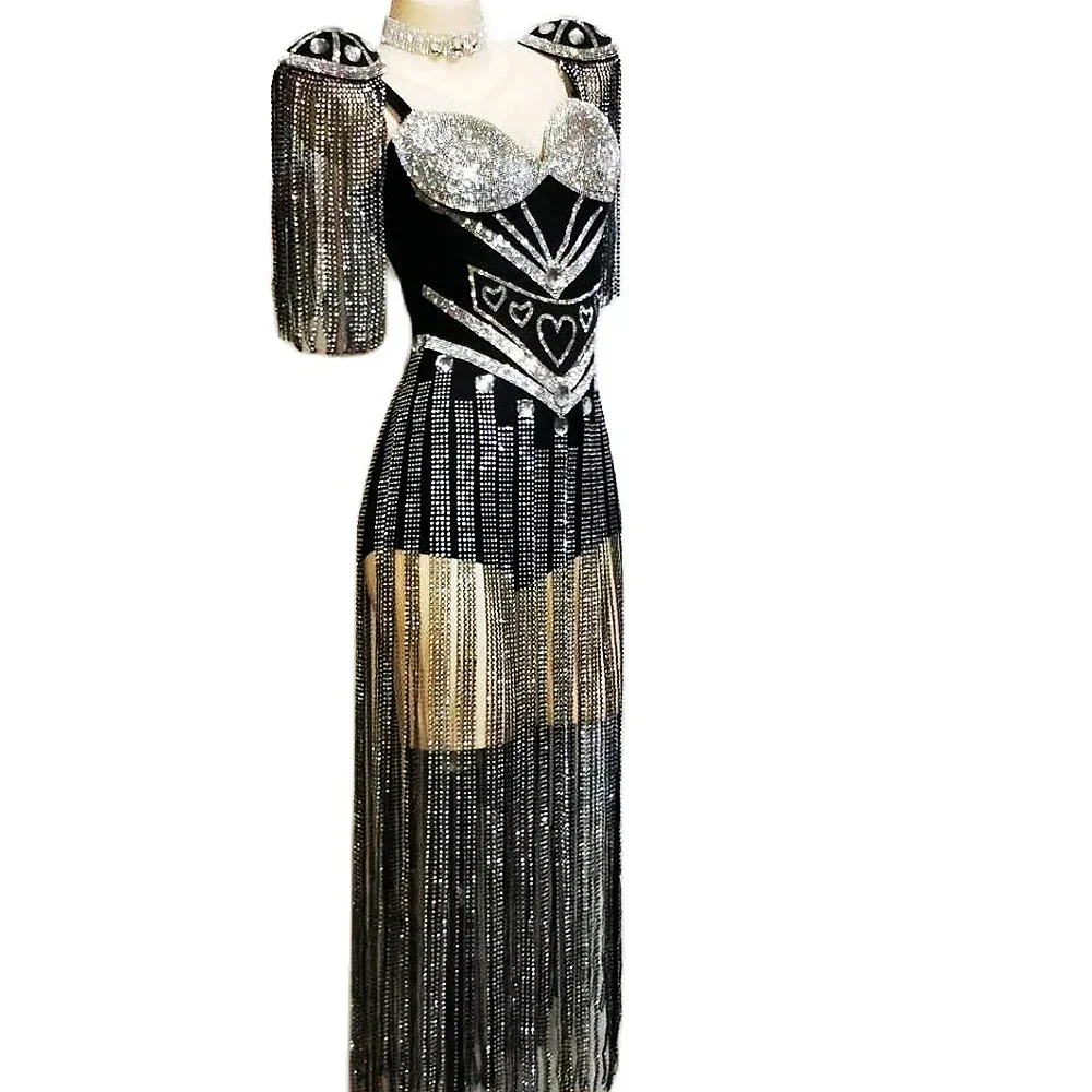 Body negro elástico ajustado para mujer, traje de fiesta de graduación, celebración, diamantes brillantes, mono con borlas plateadas, ropa para escenario en club nocturno