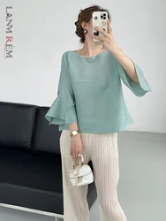 LANMREM Pleated T-shirt For Women O-neck Flare Sleeves Solid Color Casual Tops Versatile 2024 Summer New Clothing 2Z1253