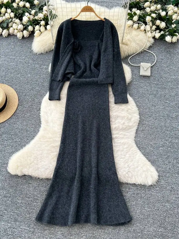 

Elegant Two Piece Sets Women Autumn Winter Outfit Three-dimensional Flower Suspender Knitted Dress Long Sleeved Jacket Suits