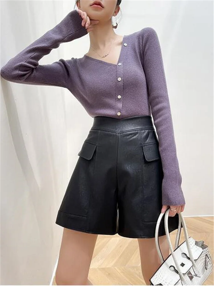 

Fashion Irregular V-neck Kintwear Women Kint Pullover Long Sleeve Button Jumpper Top Solid color Bottoming Top Female Sweater