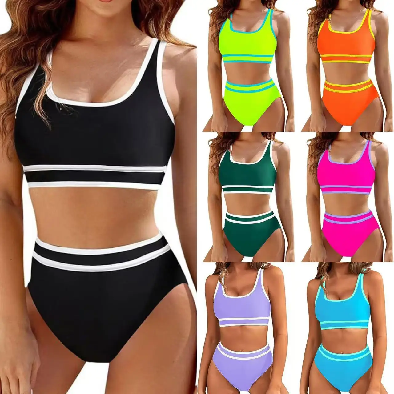 Women's High Waisted Bikini Sets Sporty Two Piece Swimsuits Color Block High Cut Bathing Suits