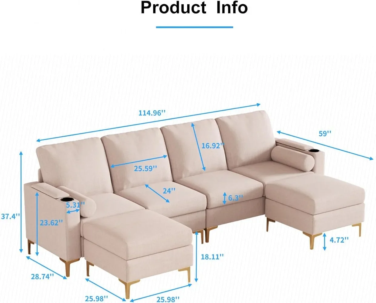 114 Inches Modular Sectional Sofa with Cup Holder, Convertible U Shaped Sectional Couch with Storage Armrest, Linen Reversible