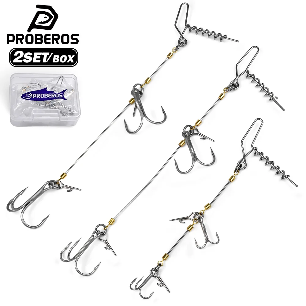 PROBEROS 2Sets/Box Stainless Steel Wire Leader Rig Twist Lock Spring Double Treble Hooks & Snap Swivel Anti‑Bite Wire Trace Hook